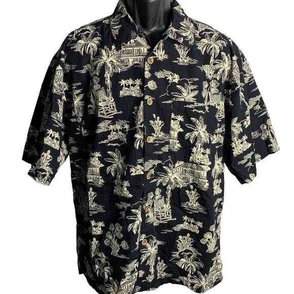OP Ocean Pacific Sport Black Hawaiian Tiki Hut Aloha Camp Lounge Shirt L - Picture 11 of 11